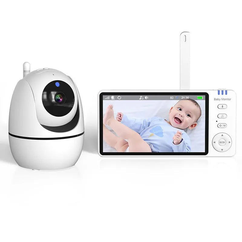 White wireless baby monitor with 5-inch HD screen showing baby room temperature display