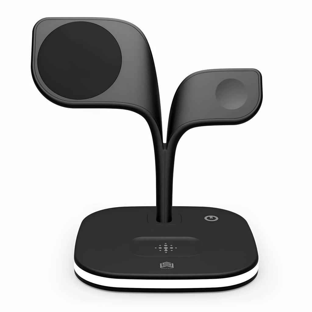 Black and white wireless charging station for phone, watch and headphones on a desk