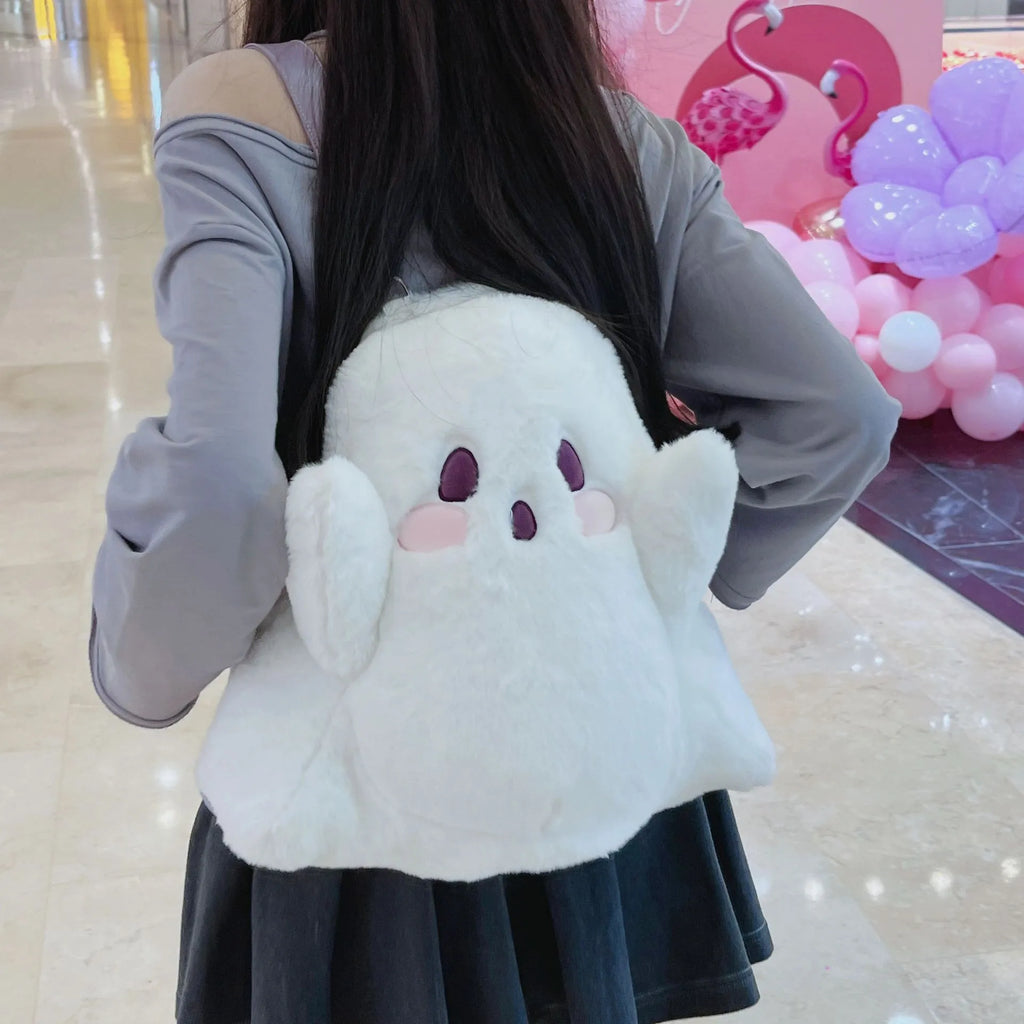Cute ghost cartoon backpack in milky white plush with double straps and sandwich pocket