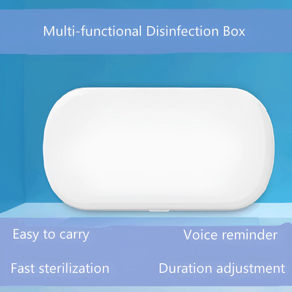 White portable UV sterilisation box with wireless charging for phones and jewellery disinfection