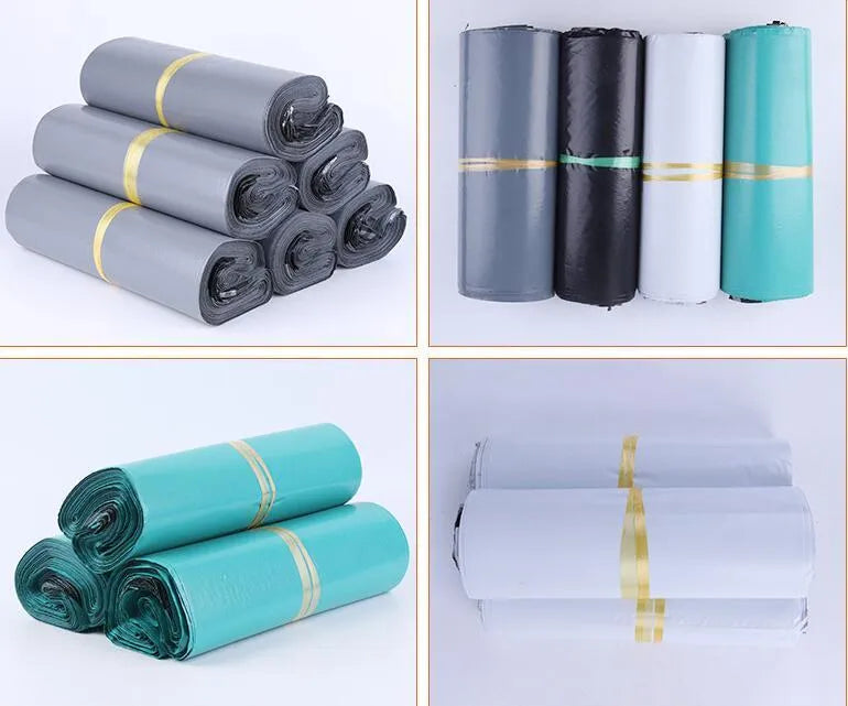 A bundle of 100 clear PE courier bags with self-adhesive sealing stickers in various sizes.