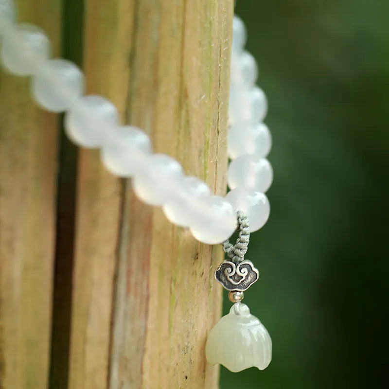 S925 silver bracelet with white agate and Hetian jade beads in geometric lotus design