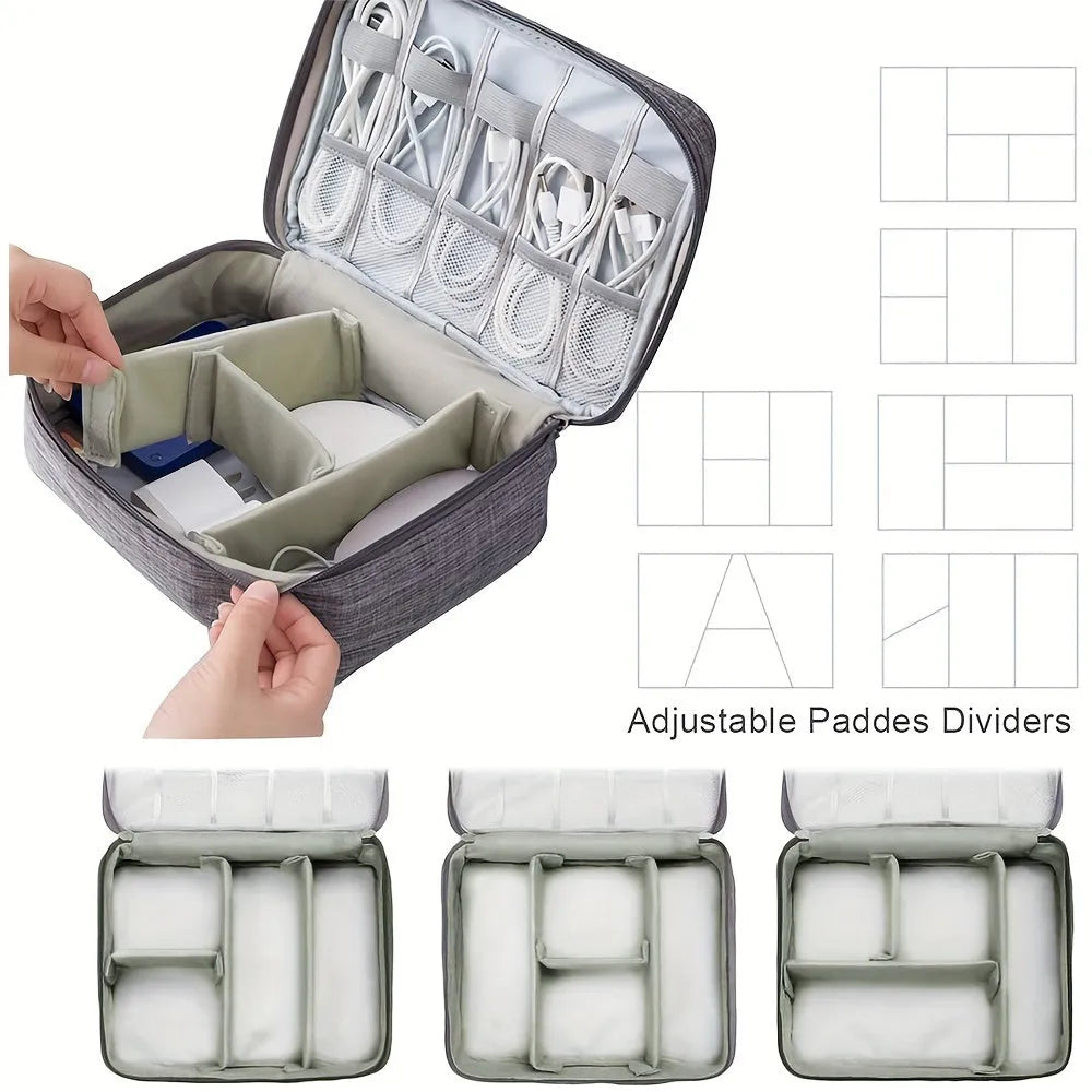 Black waterproof electronics travel cable organizer bag with mesh pockets and top handle
