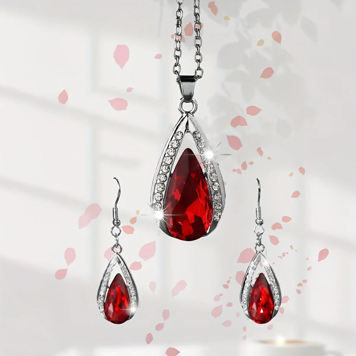 Black or red teardrop glass pendant necklace and matching earrings jewellery set