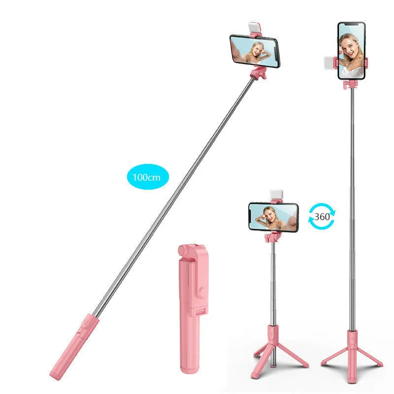 Black Bluetooth selfie stick tripod with phone holder showing 360-degree rotating head and aluminium alloy construction