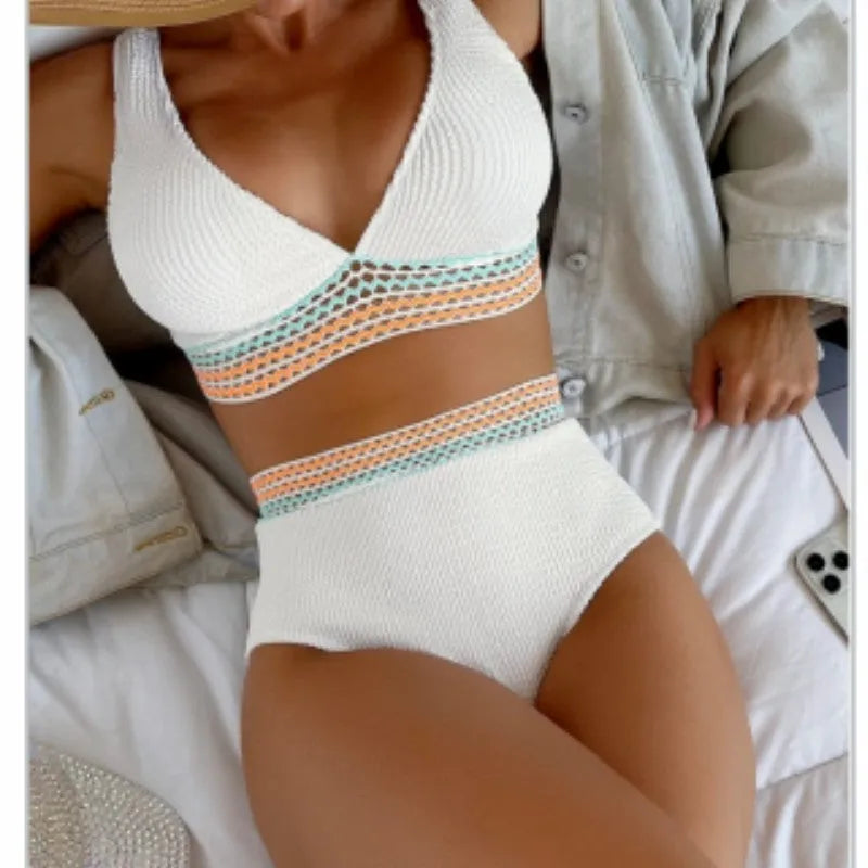 High waist split bikini swimwear set in solid colour nylon fabric showing front view