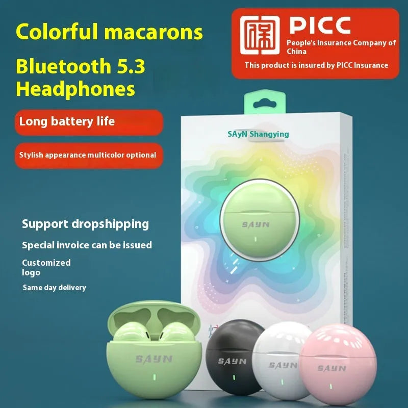 Wireless Bluetooth 5.0 stereo gaming headset in black, green, pink or white, plastic earplug design, 10 metre range