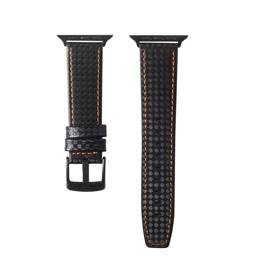 Carbon fibre and leather Apple Watch band with PC hard case in black, blue, orange, and red colour options