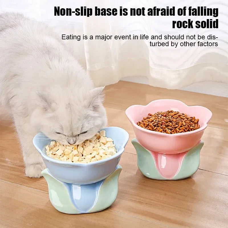 Blue ceramic raised pet bowl with floral pattern and non-slip base for cats or small dogs