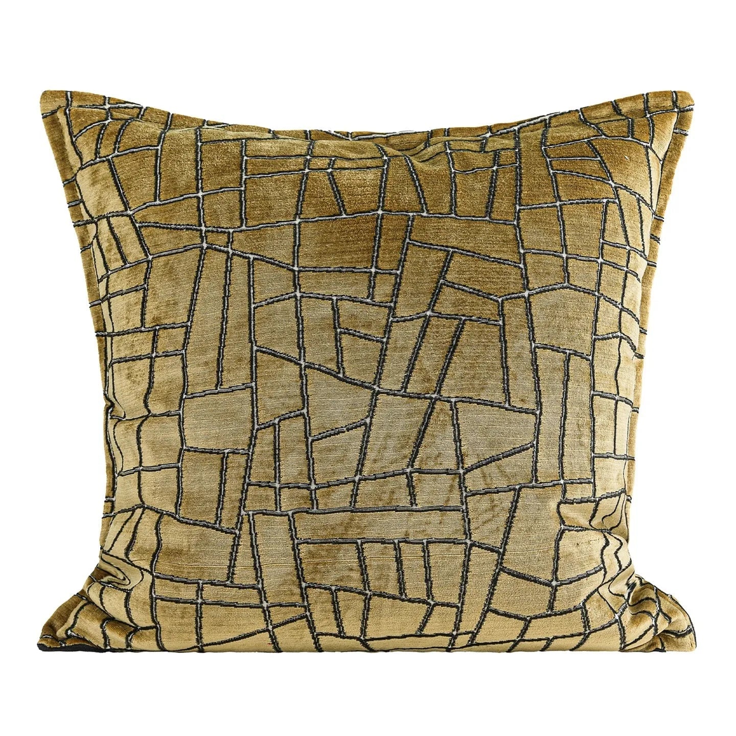 Gold geometric abstract patterned square cushion on a grey sofa.