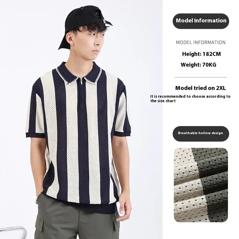 Men's striped short sleeve sweater in ice silk viscose with a decorative chest zipper.