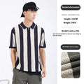 Men's striped short sleeve sweater in ice silk viscose with a decorative chest zipper.