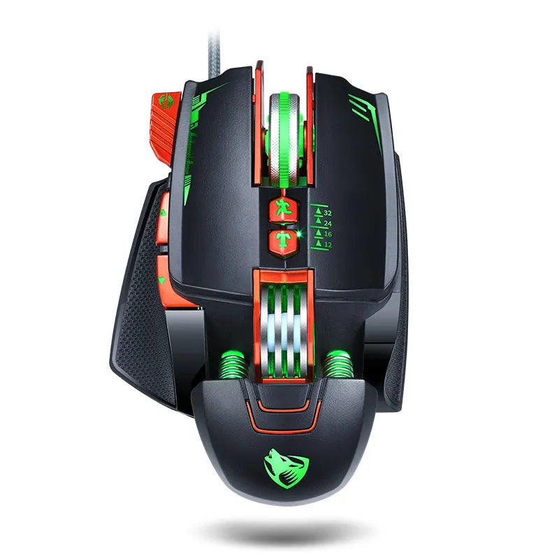 Thunder Wolf V9 black wired gaming mouse with six buttons on desk