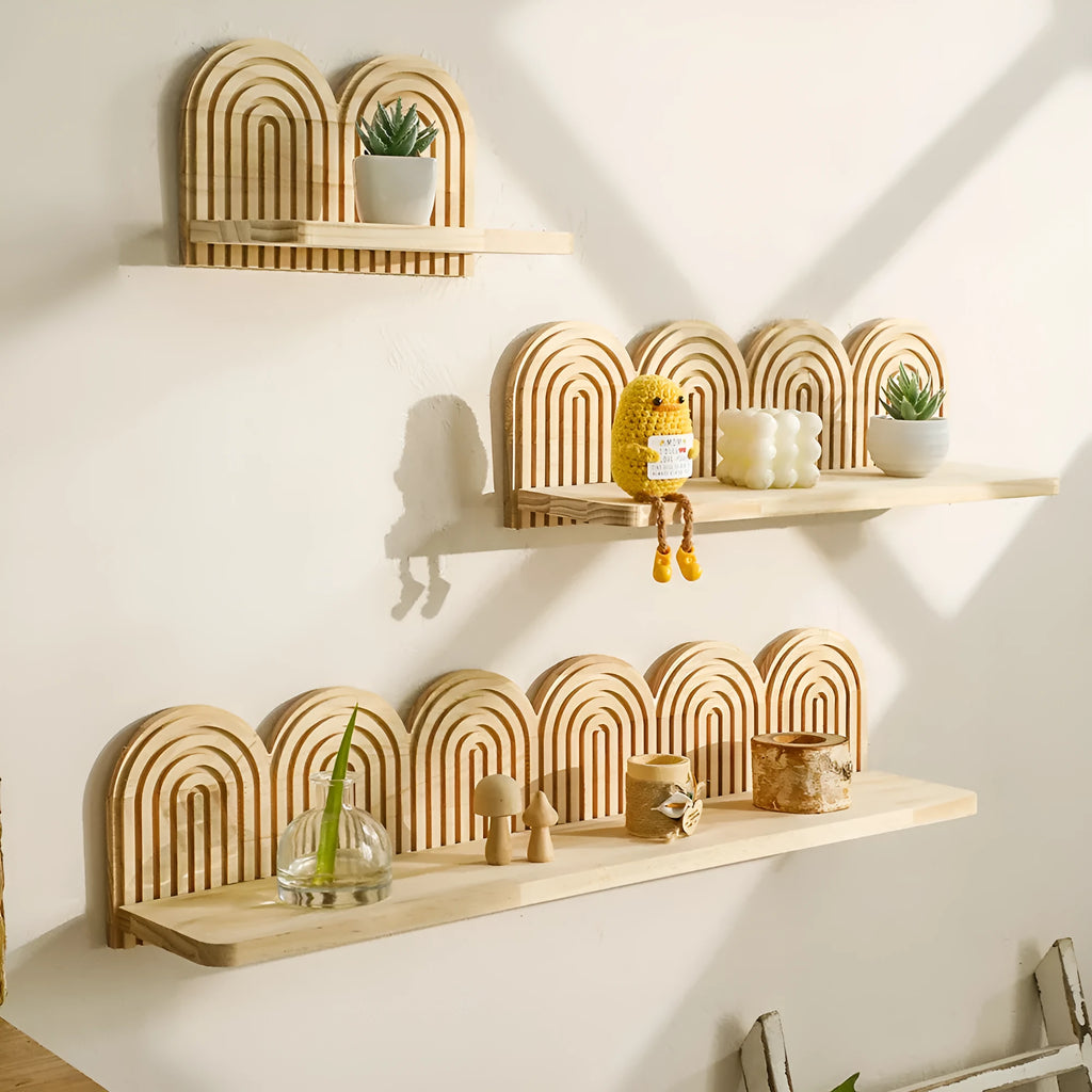 Solid wood multi-layer wall rack with flower pots displayed on staggered shelves