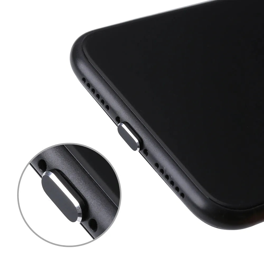 Aluminium alloy iPhone charging port dust plug shown in gold, silver, blue, red, grey, black, rose gold, and rose colours.
