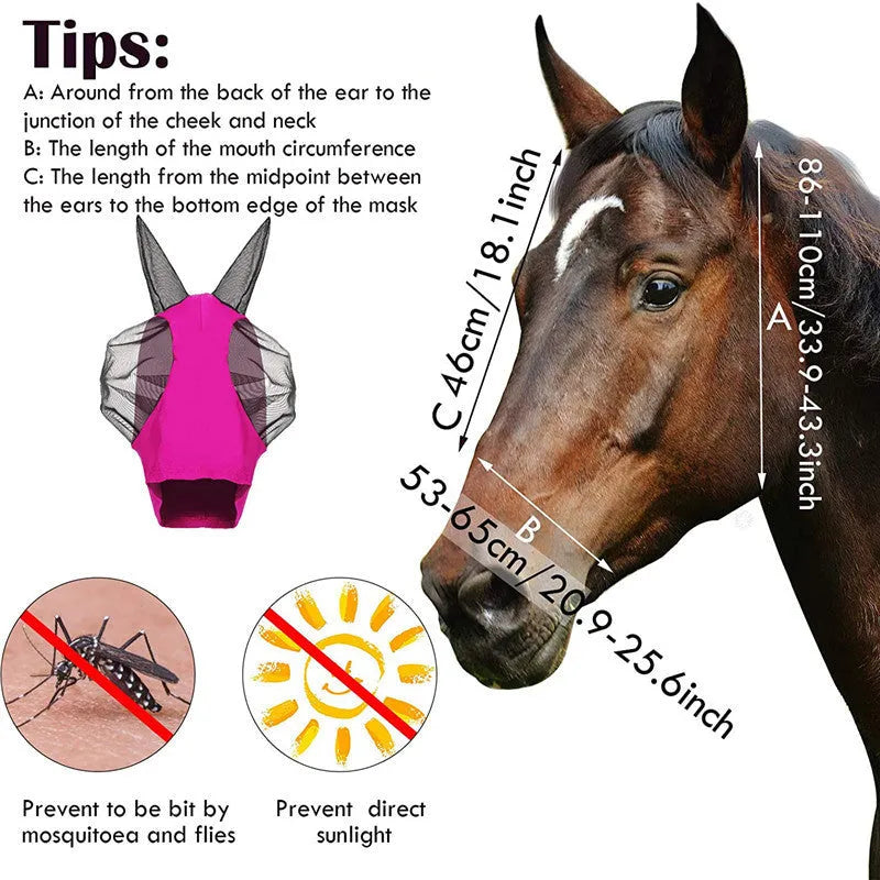 Lycra horse fly mask with ears in check pattern available in multiple colours for UV sun protection