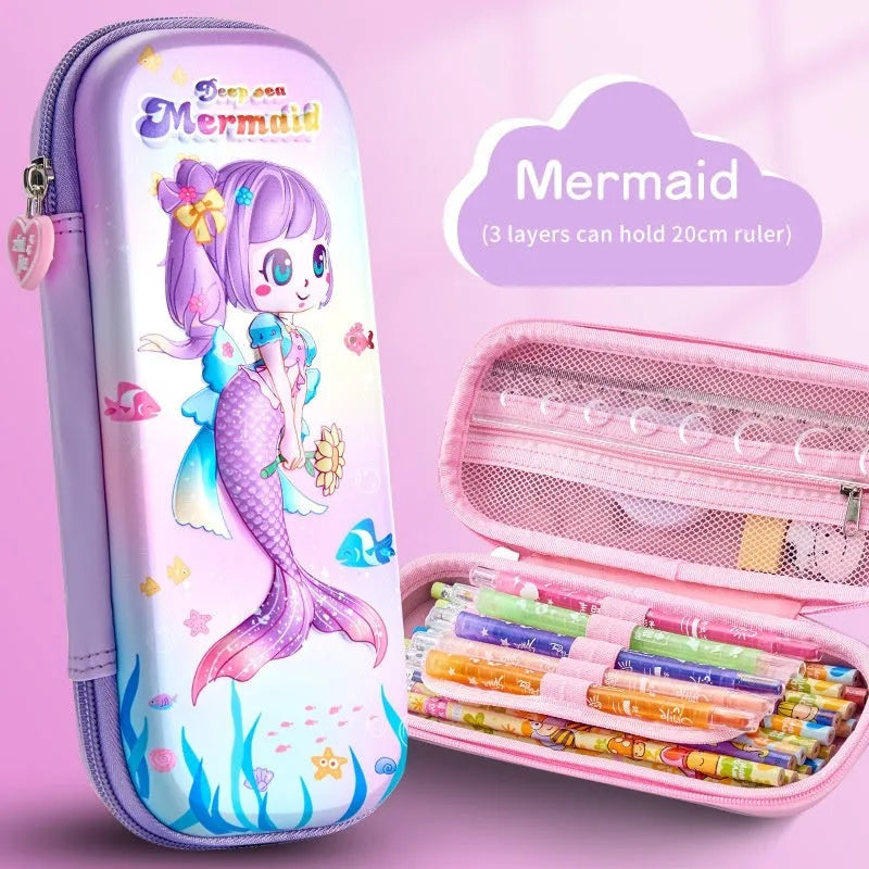3D leather pencil case with zipper closure showing character design options including astronauts, unicorns, and mermaids
