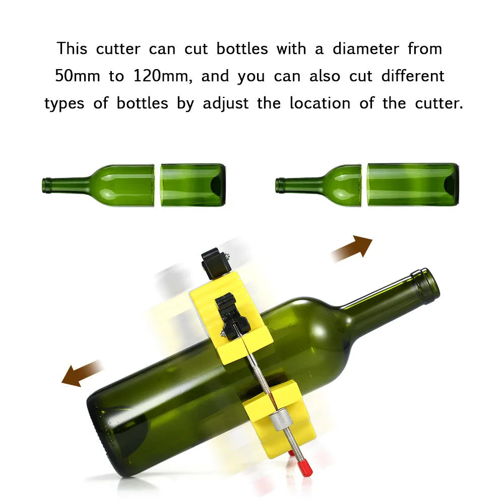 Yellow bottle cutting tool with adjustable mechanism for DIY glass projects.