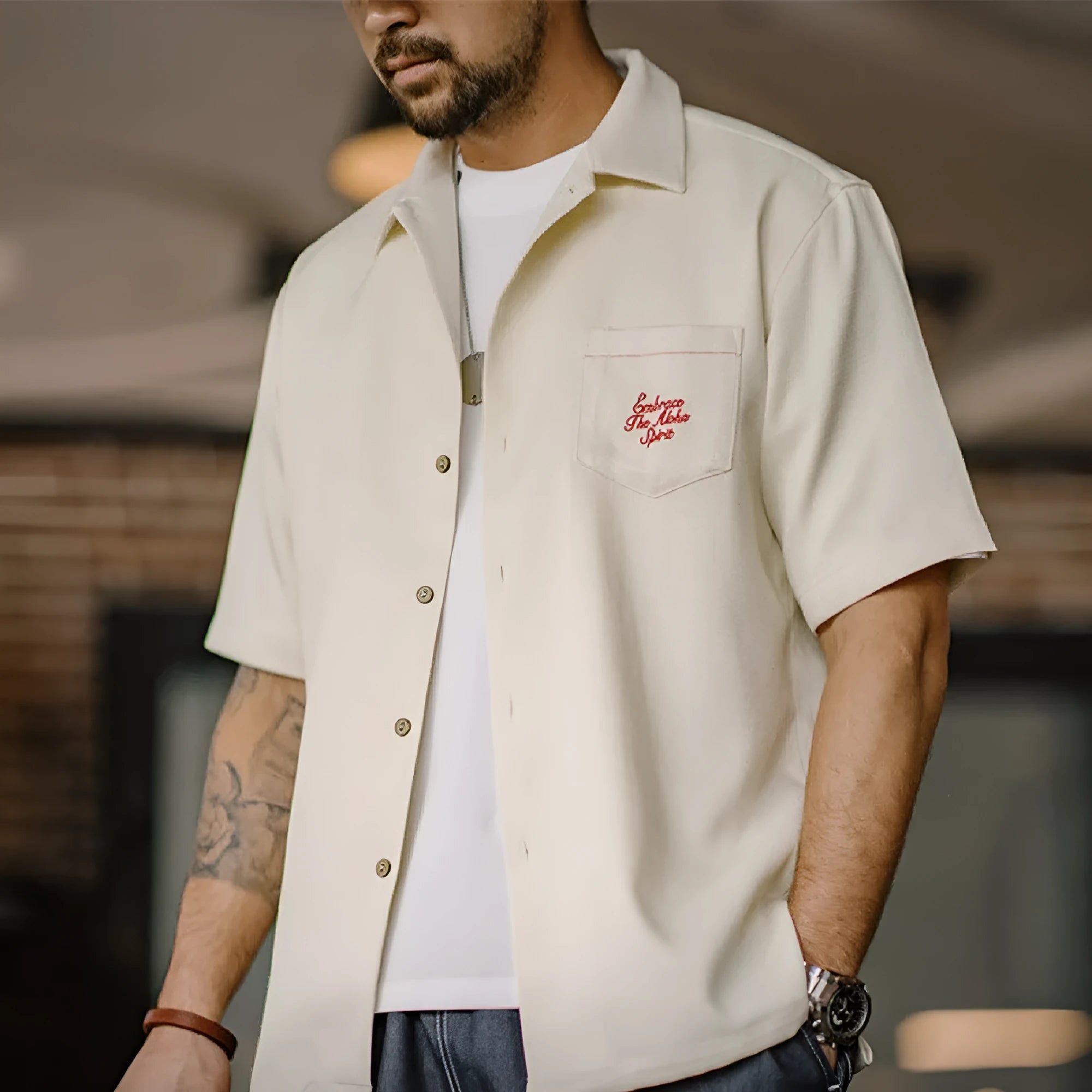 Men's light apricot Cuban collar shirt with bamboo plant pattern
