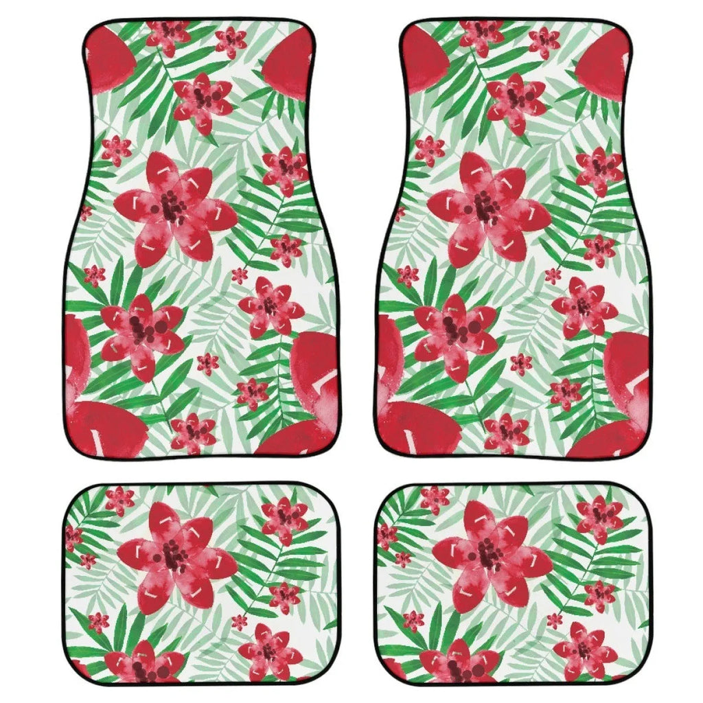Black printed rubber car floor mats, four-piece set showing textured surface and 20mm thickness.