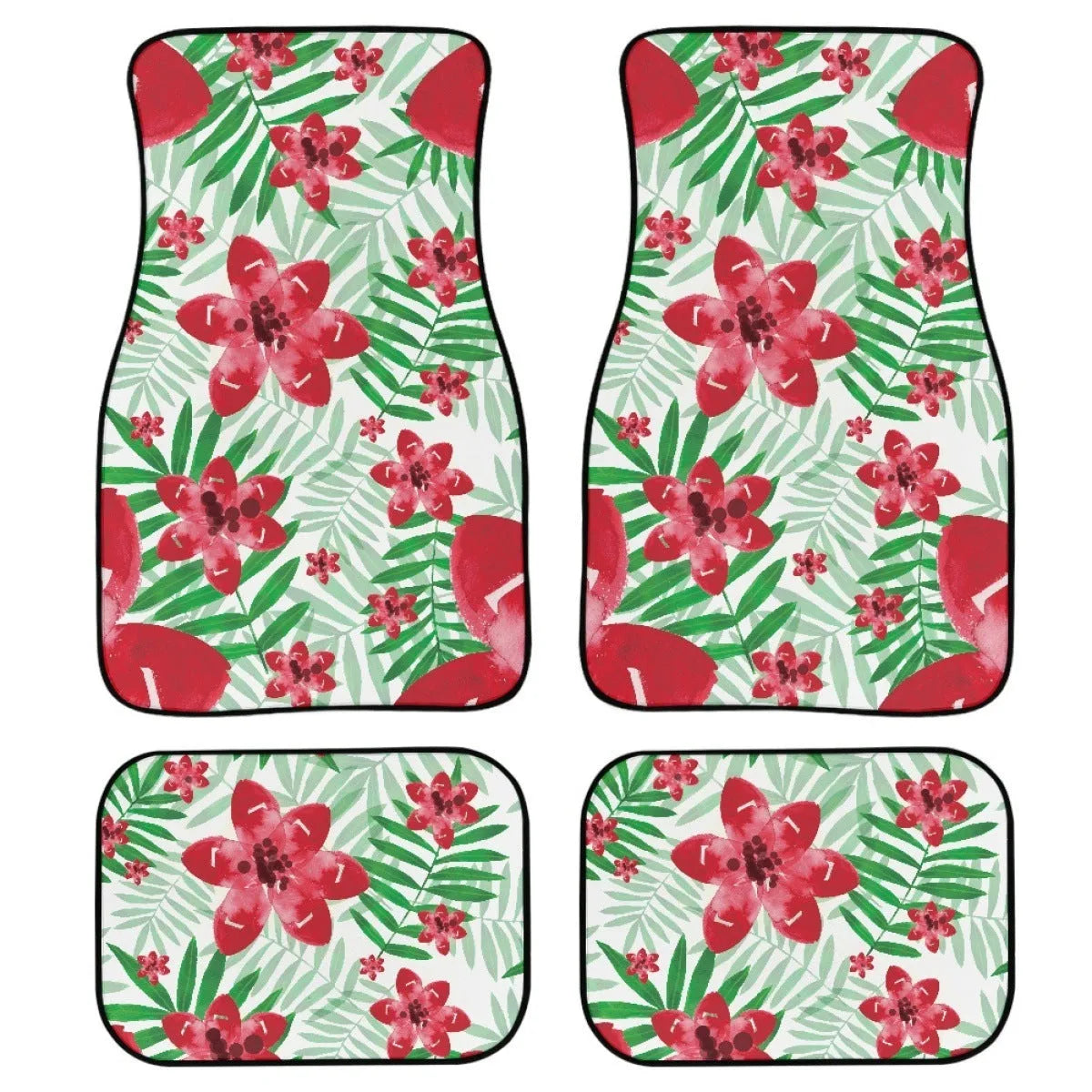 Black printed rubber car floor mats, four-piece set showing textured surface and 20mm thickness.