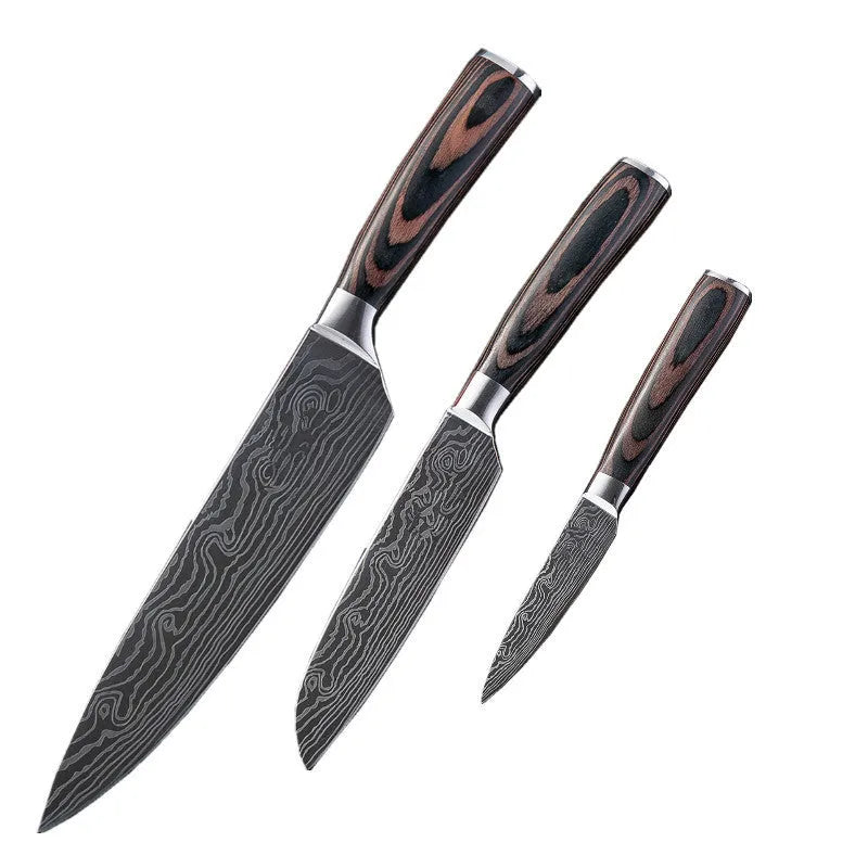 Chef knife with laser Damascus pattern on blade, steel handle, showing 30cm length.