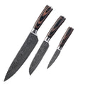 Chef knife with laser Damascus pattern on blade, steel handle, showing 30cm length.