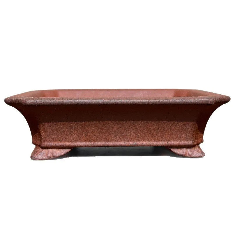 Light brown stoneware rectangular bonsai flowerpot, 17cm bottom diameter, high temperature fired