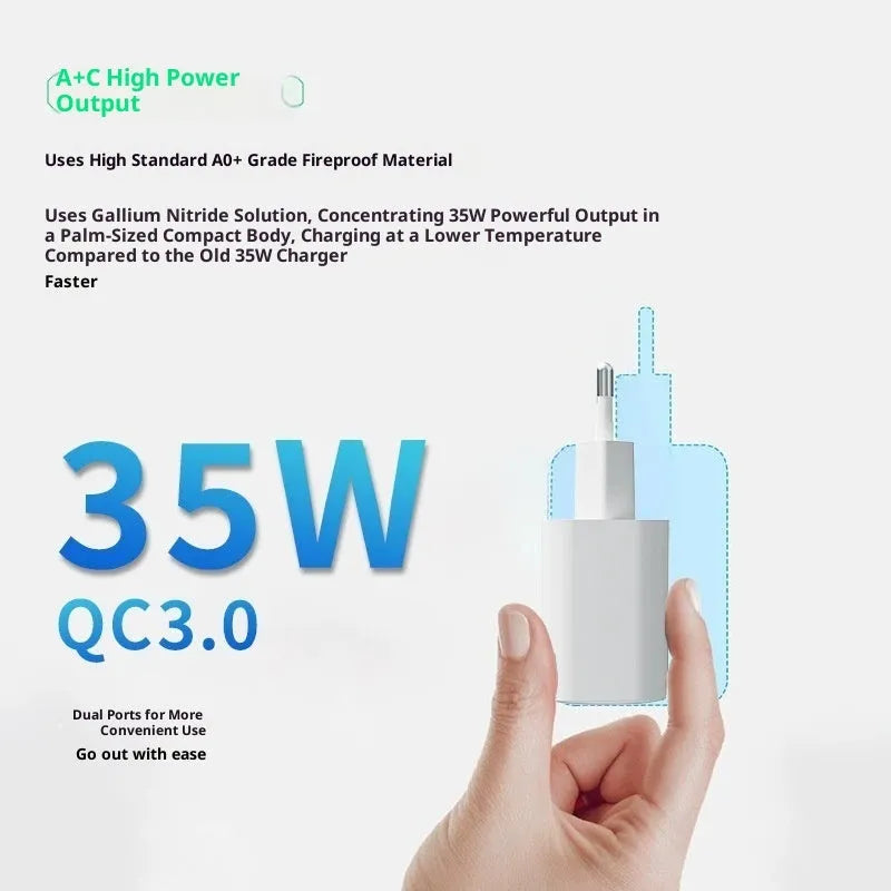 35W European standard multi-port charger with USB-A and Type-C ports, black colour, front view