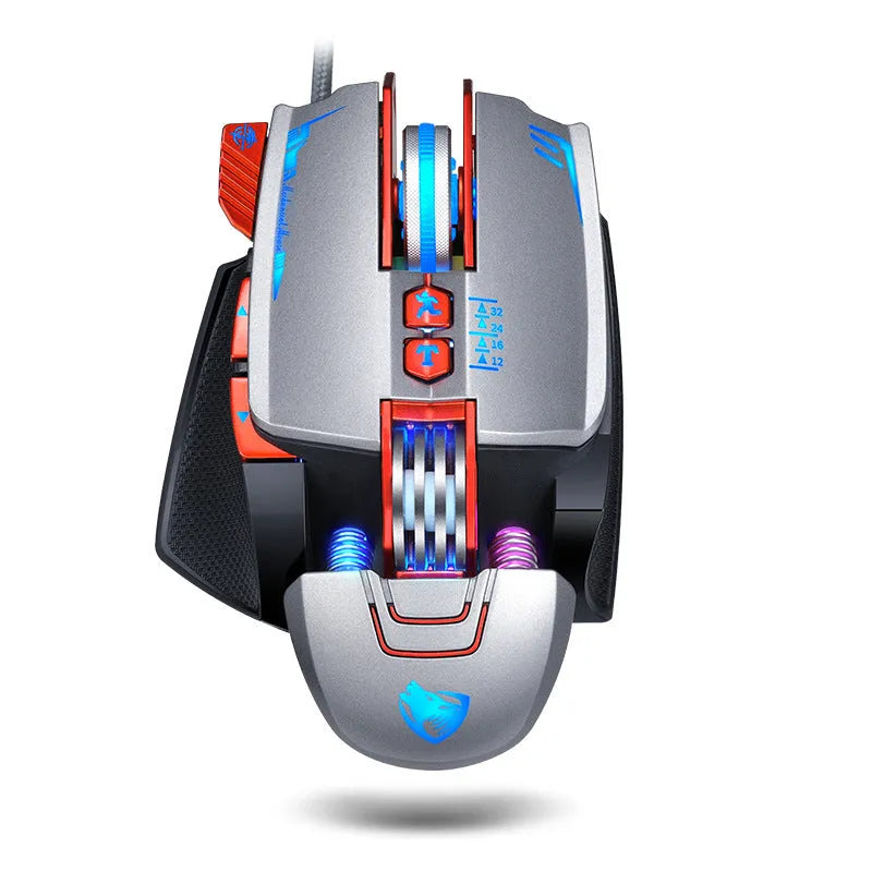 Thunder Wolf V9 black wired gaming mouse with six buttons on desk