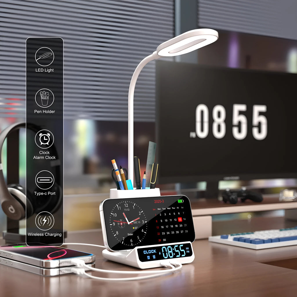 Modern wireless charging desk lamp with built-in storage box and pen holder compartments