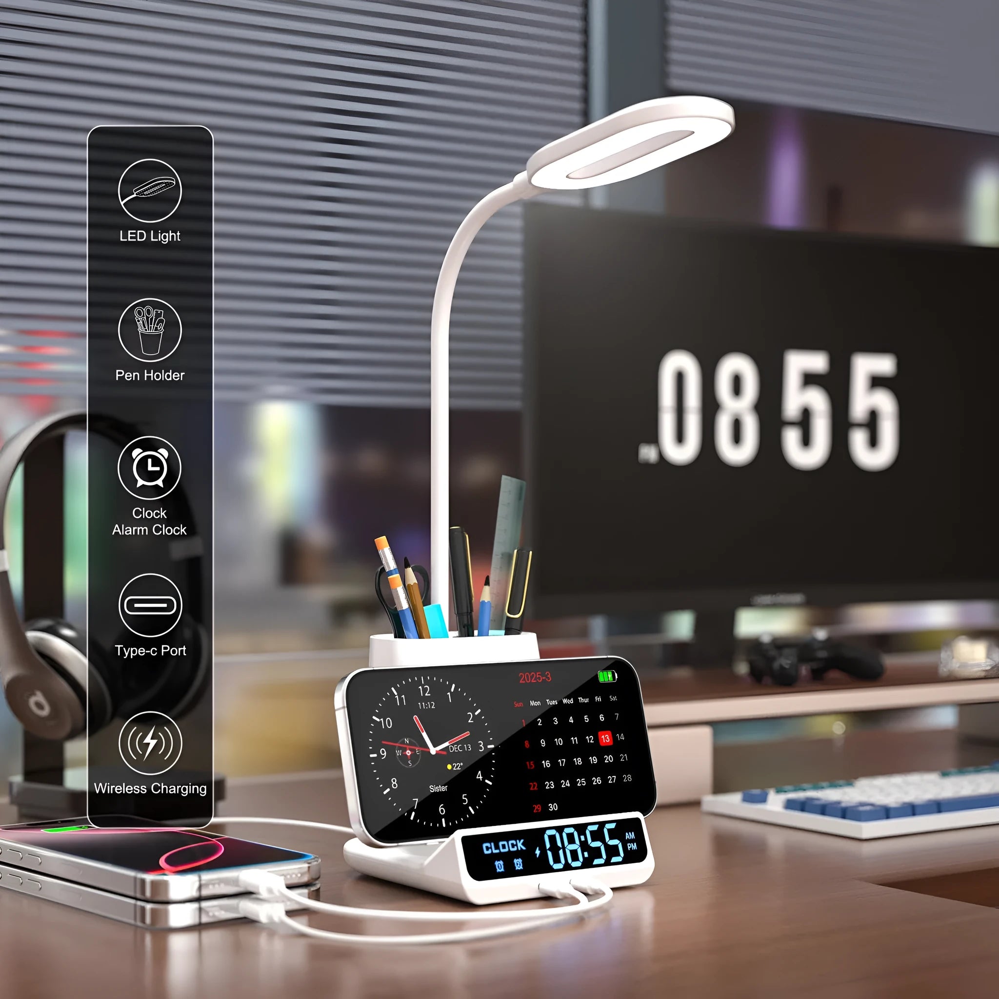 Modern wireless charging desk lamp with built-in storage box and pen holder compartments