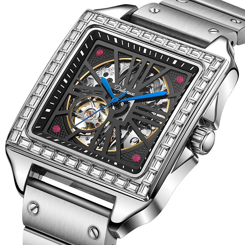 Men's square automatic watch with diamond-studded design on steel belt