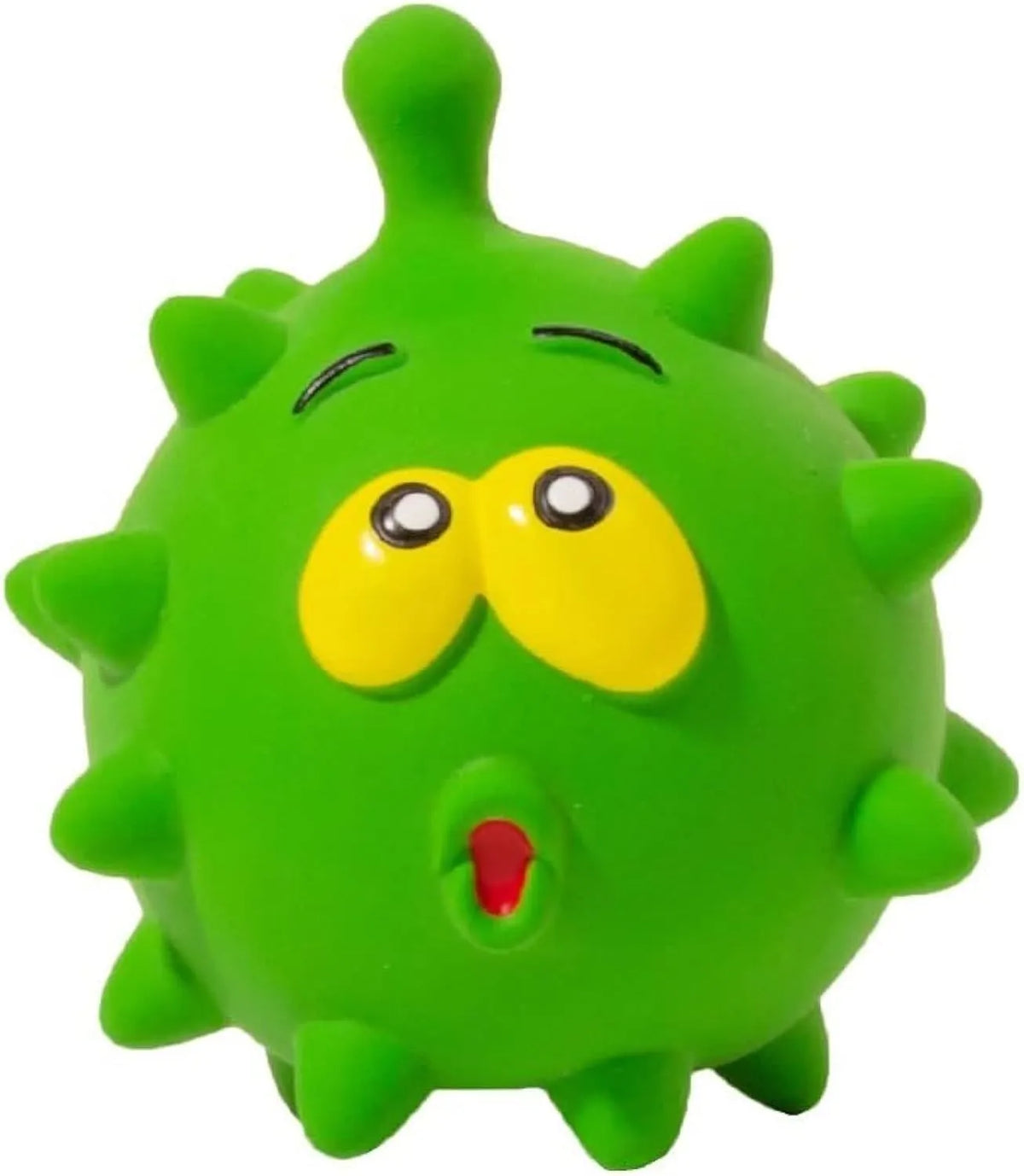 Set of four coloured latex squeaky dog balls with cute face designs on blue green red yellow backgrounds