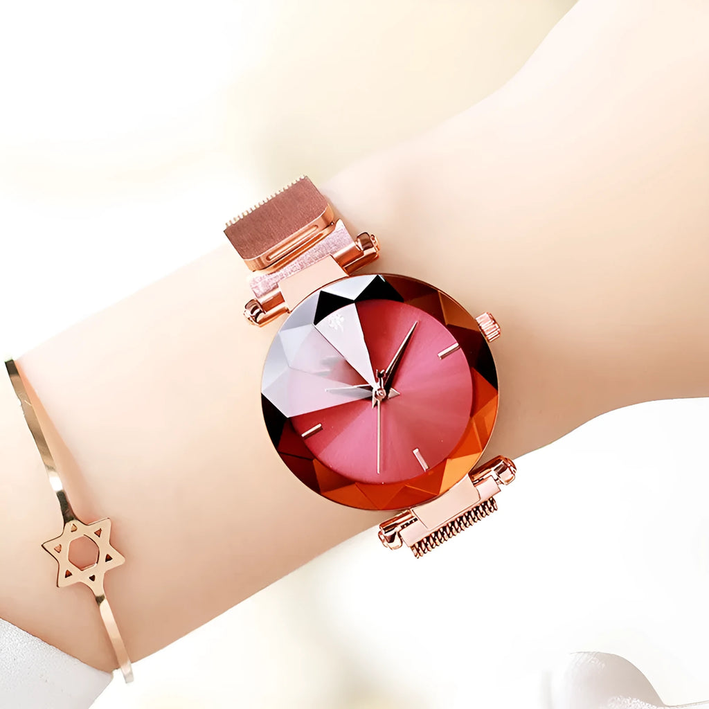 Mesh belt quartz women's watch with round 33.5mm alloy dial in pink colour