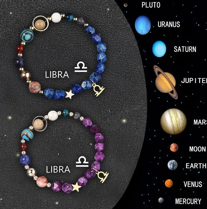 Two natural stone beaded bracelets with adjustable closures on a textured background.