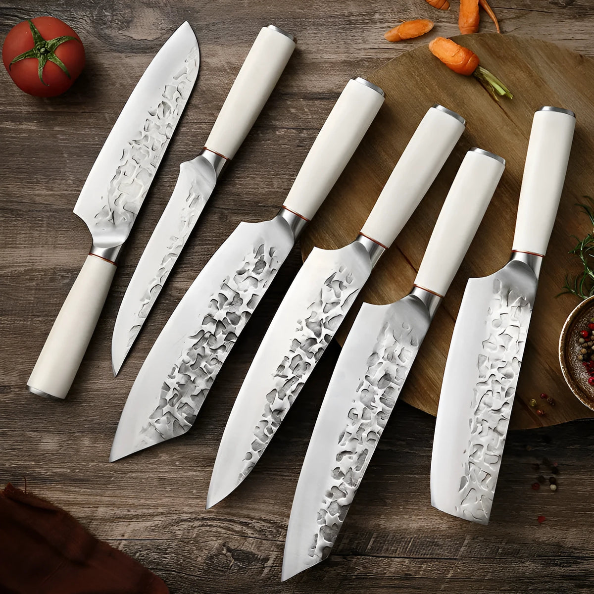 Hand forged stainless steel kitchen knives with 6 inch, 7 inch and 8 inch blades and a 7 piece set option