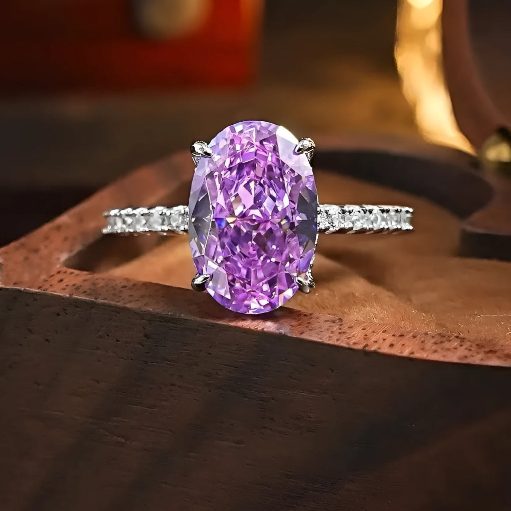 Simple violet starry zircon open mouth ring for women, copper with electroplating, geometric ellipse shape