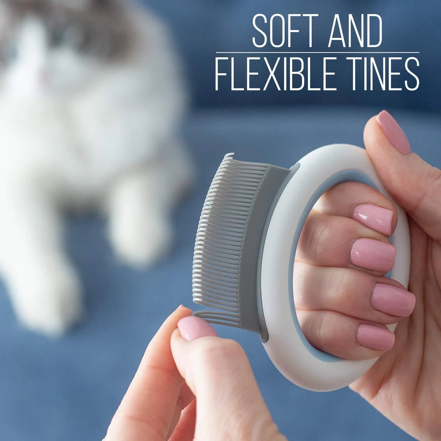 Blue pet grooming comb with ergonomic handle for cat and dog deshedding and dematting