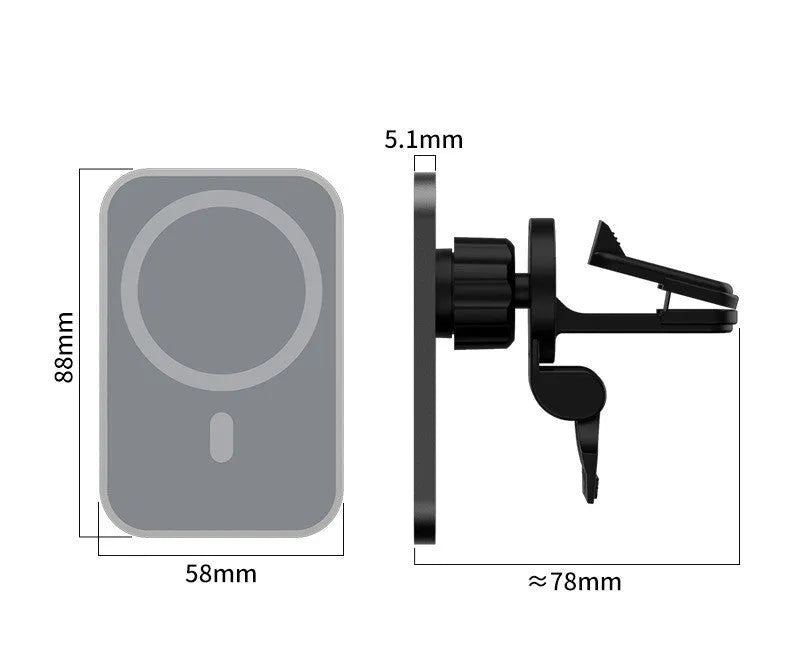 Magnetic car wireless charger 15W with aluminium alloy body and N52 magnet, black model on car air outlet vent