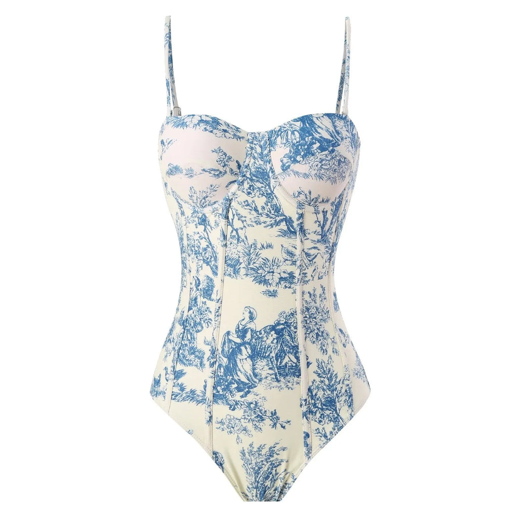 Blue floral pattern women's one-piece swimsuit with separate gauze skirt