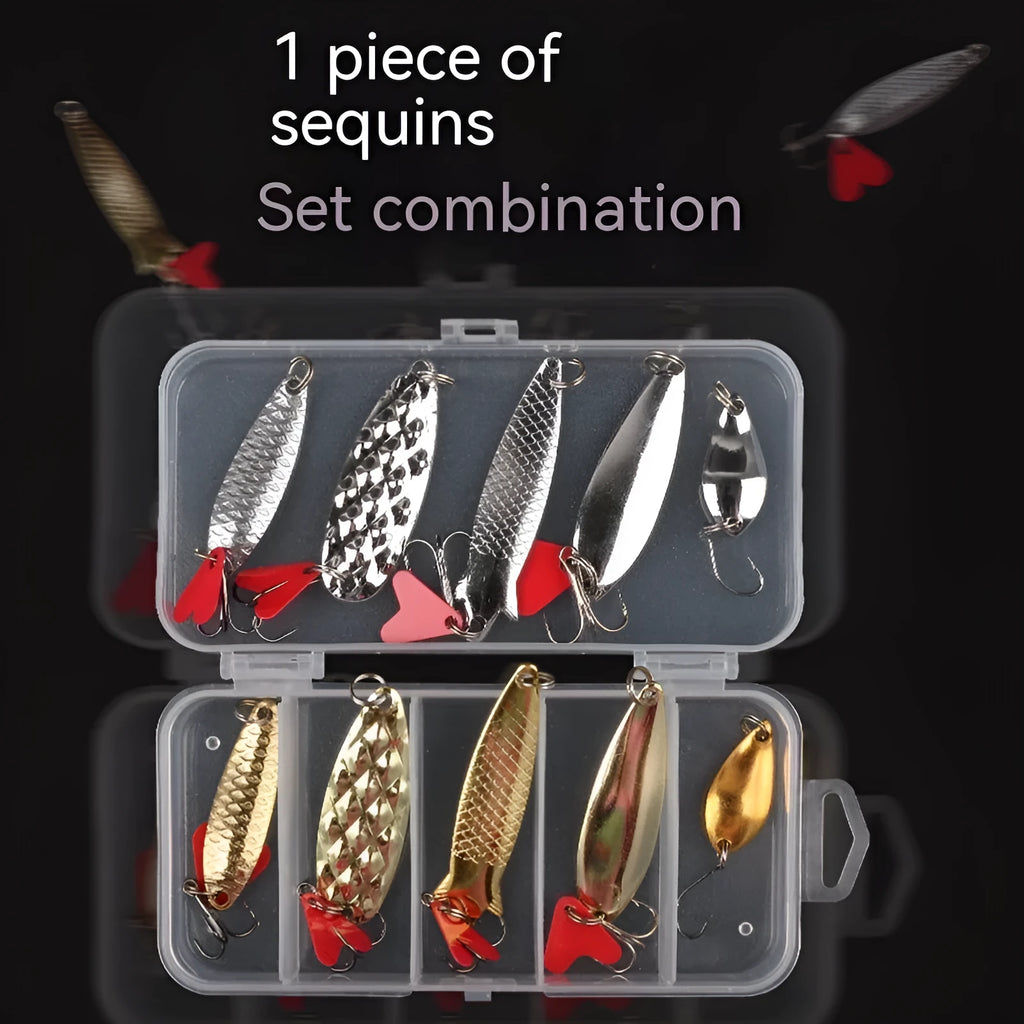 Box of gold and silver metal sequins for fishing lure repair and customisation.