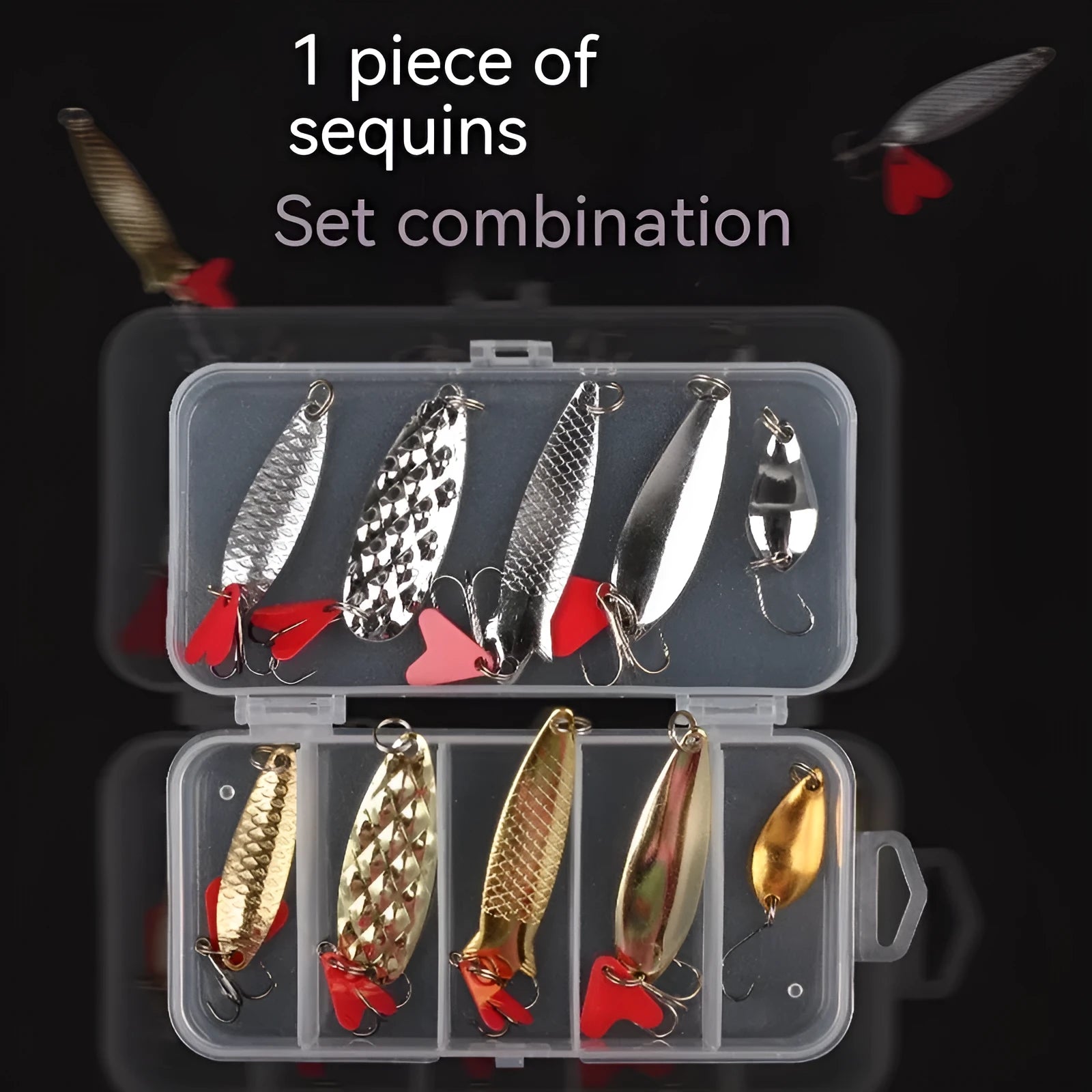 Box of gold and silver metal sequins for fishing lure repair and customisation.