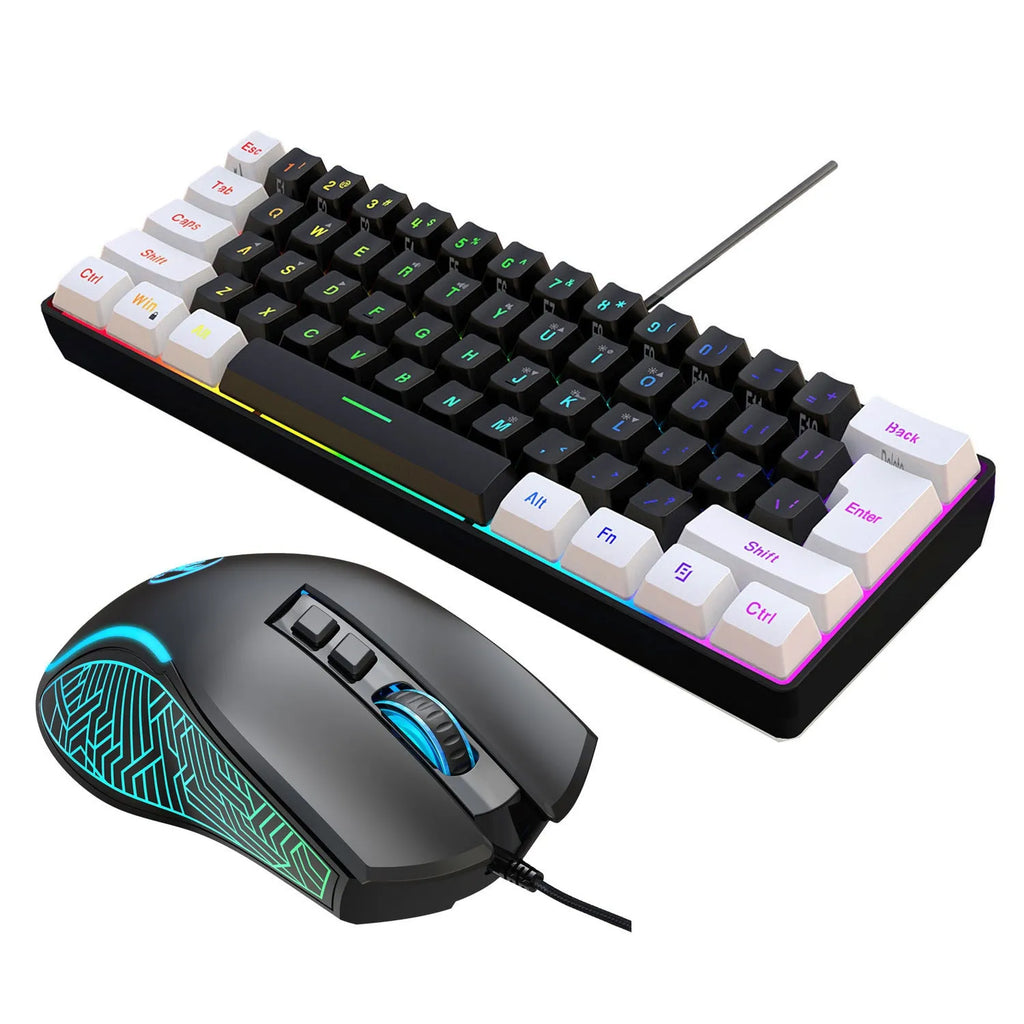 White and black wired 61-key membrane keyboard with USB cable on desk