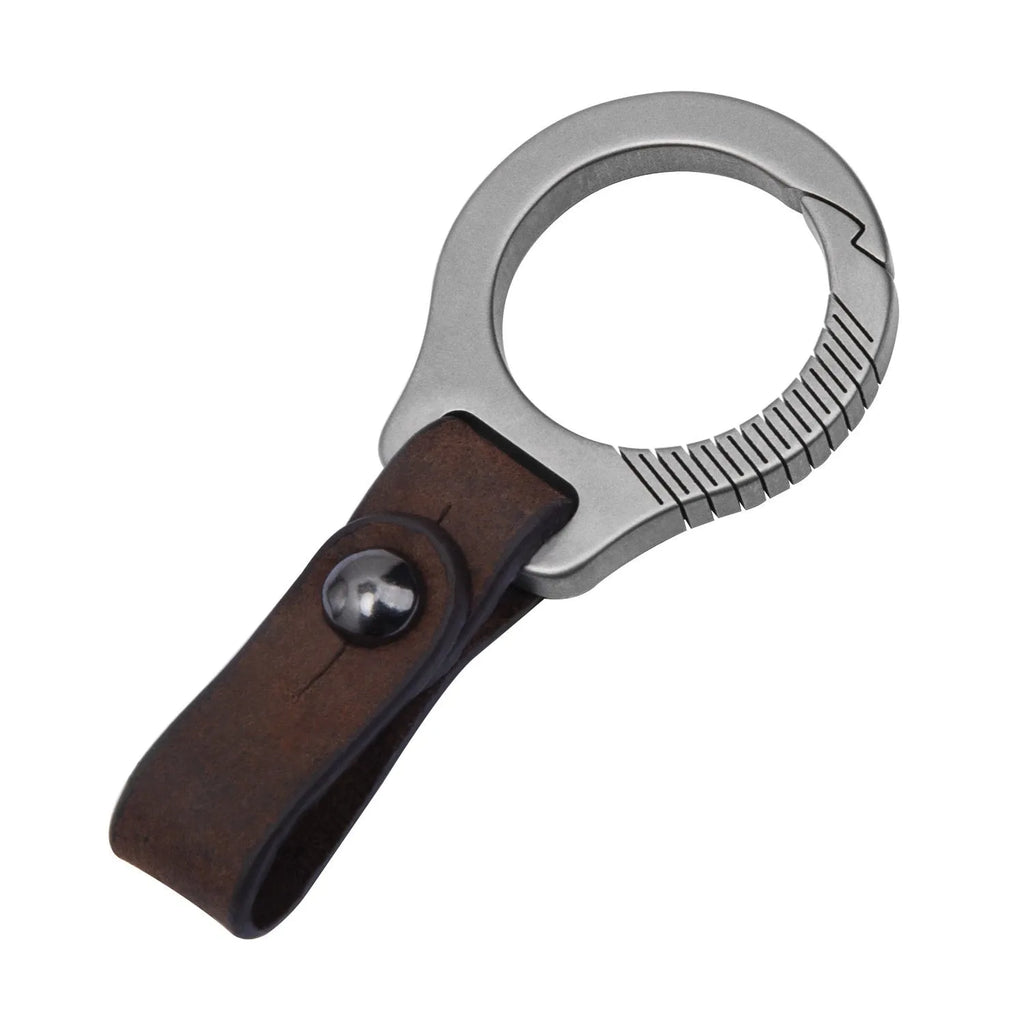 Titanium alloy keychain with single buckle or brown or black leather strap for car keys and EDC