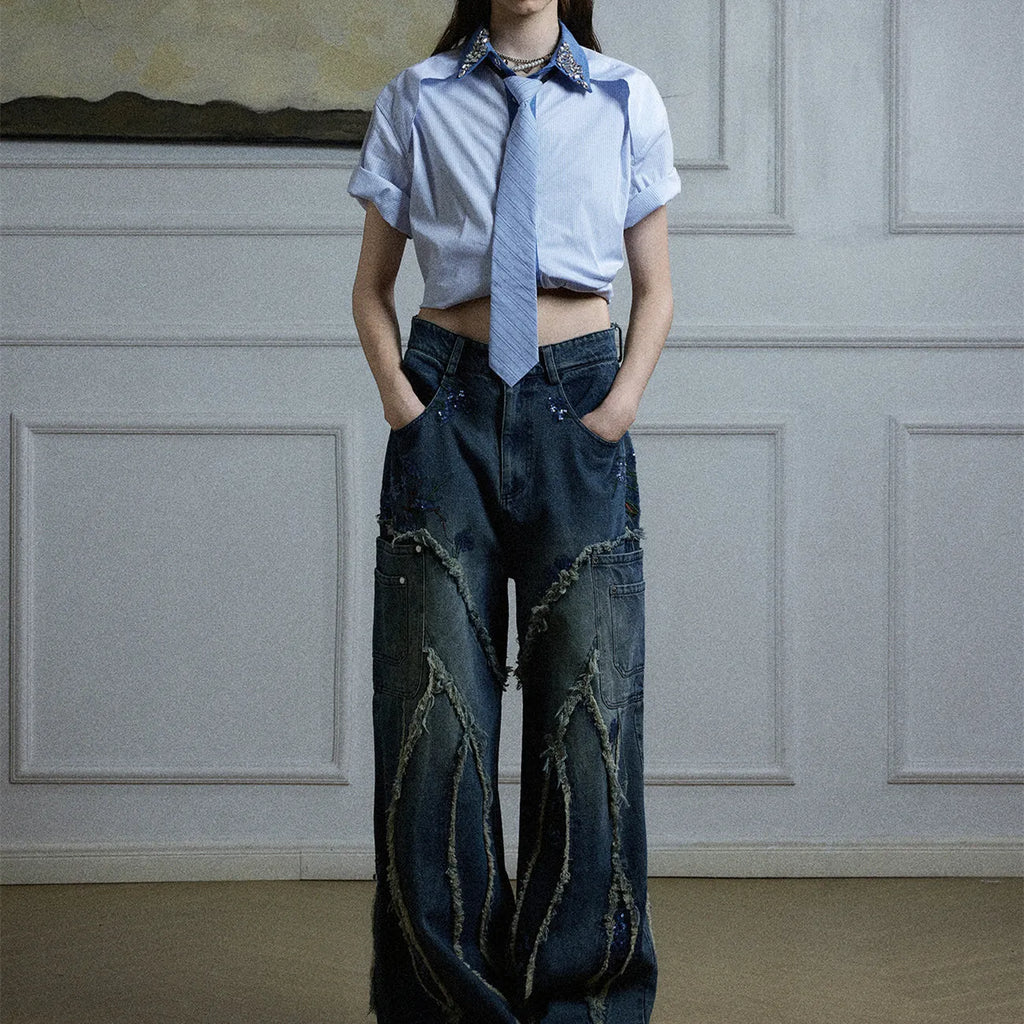 Men's loose fit blue diamond tie patchwork striped shirt with quilted construction and flip collar