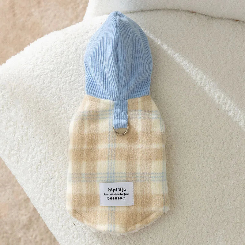 Blue chessboard grid corduroy dog vest with hooded traction feature showing weight-based sizing