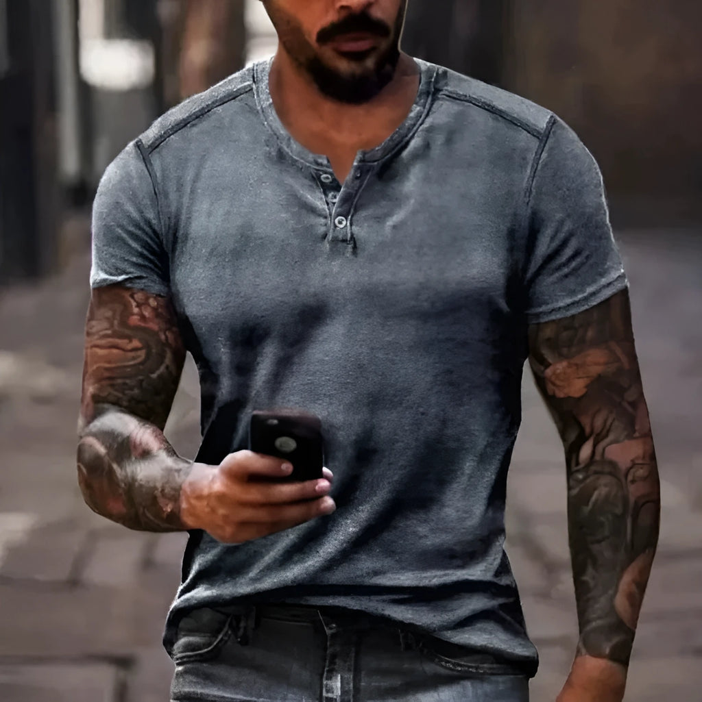 Men's blue short sleeve sports t-shirt with 3D printed graphic and lapel button detail