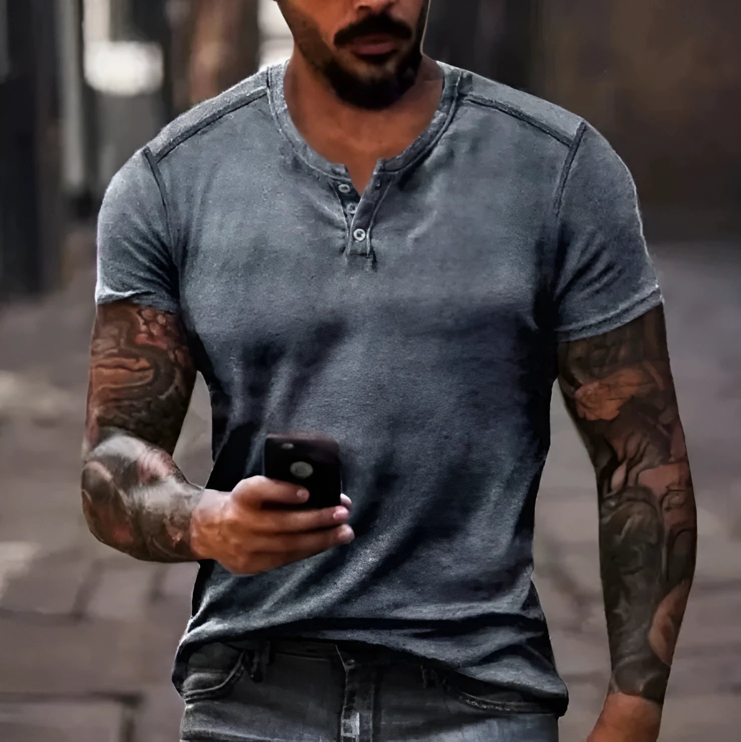 Men's blue short sleeve sports t-shirt with 3D printed graphic and lapel button detail