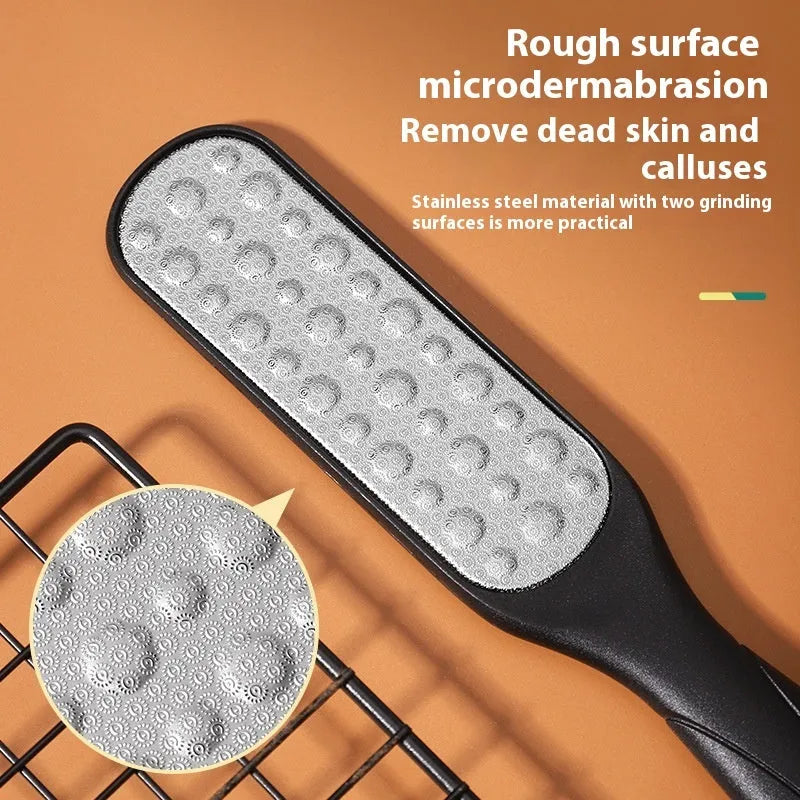 Stainless steel foot grinder with double-sided file, white and black foot gear pads.
